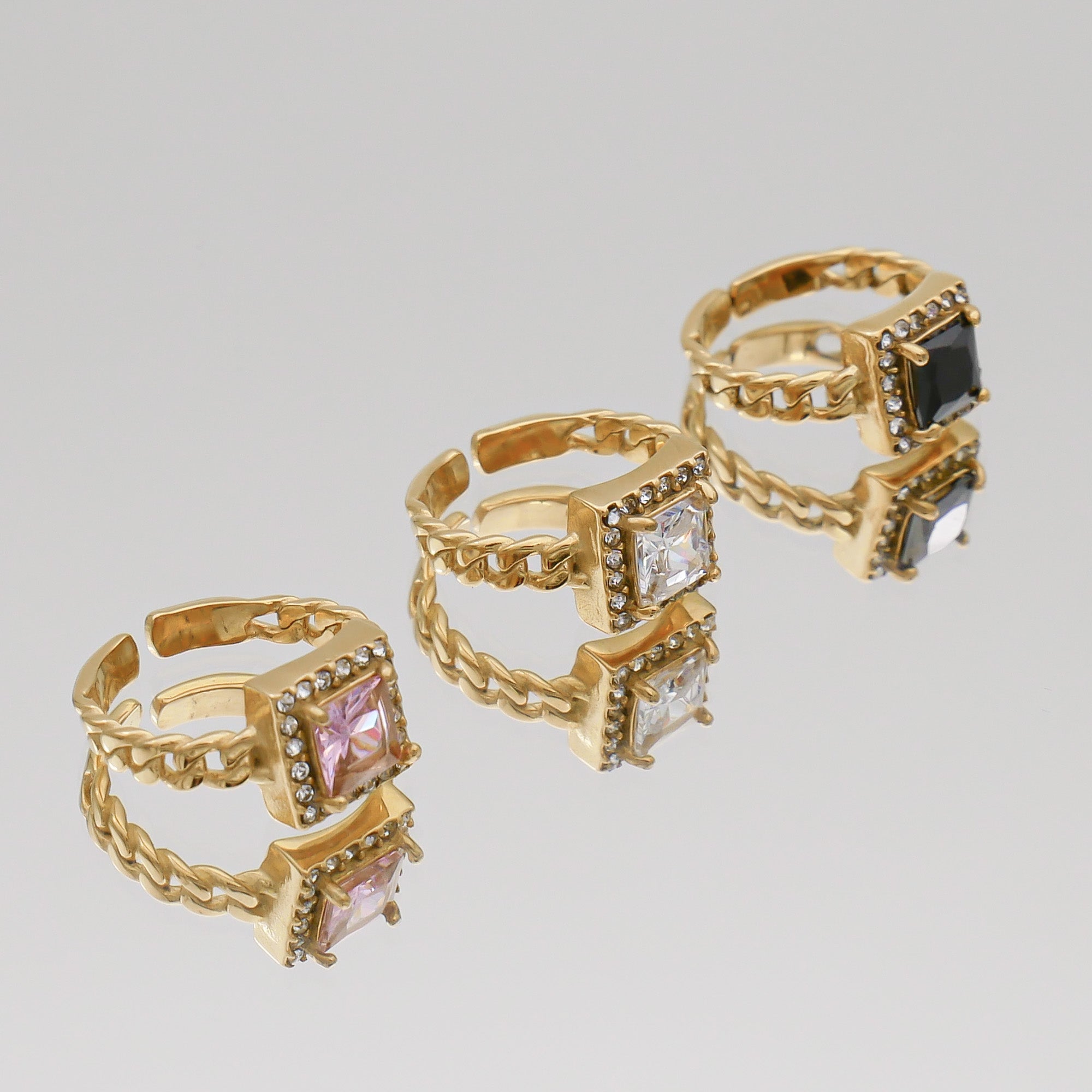 Gold Gaia Cuban encrusted Clear, Pink & Onyx Gemstone Ring by PRYA