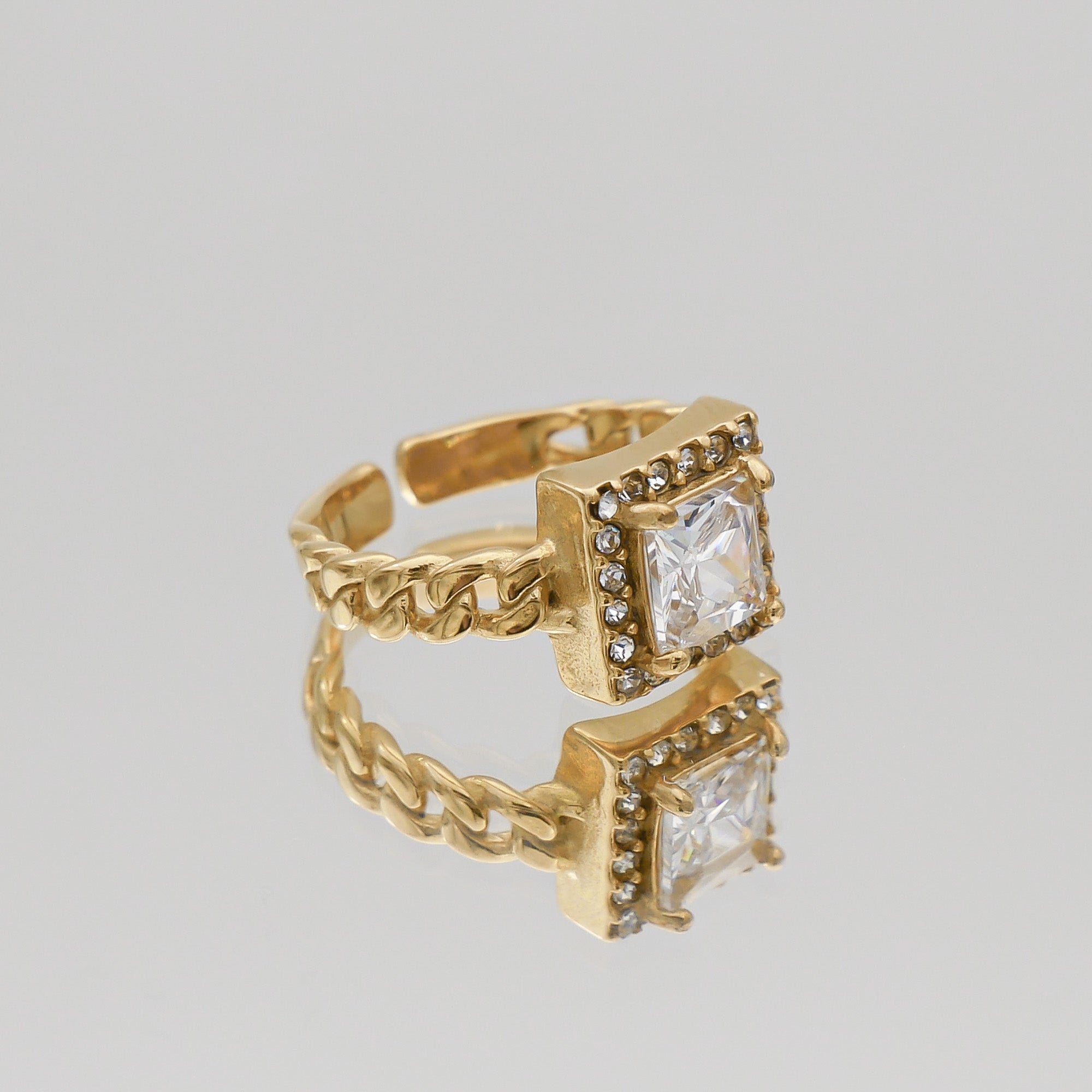 Gold Gaia Cuban encrusted Clear Gemstone Ring by PRYA