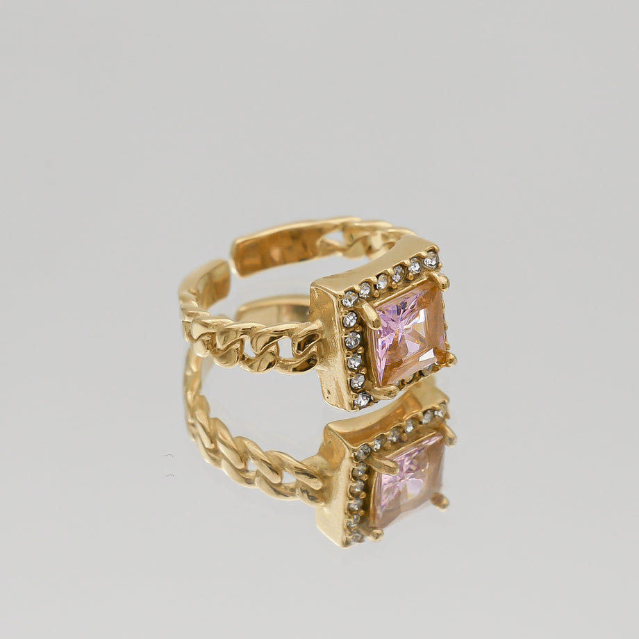 Gold Gaia Cuban encrusted Pink Gemstone Ring by PRYA