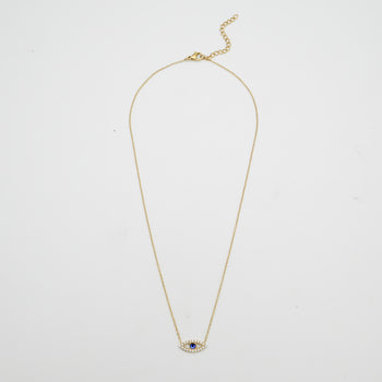 gold evil eye necklace with  paved cz stones and blue stone centre