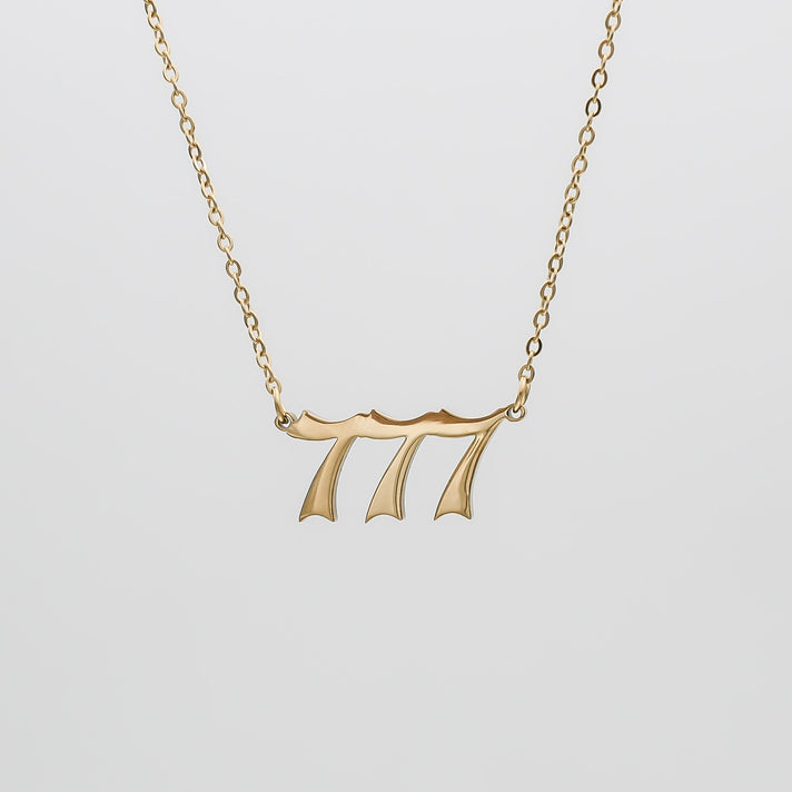 Angel Number necklace available in 18k Gold plated or silver,  number 777, by PRYA
