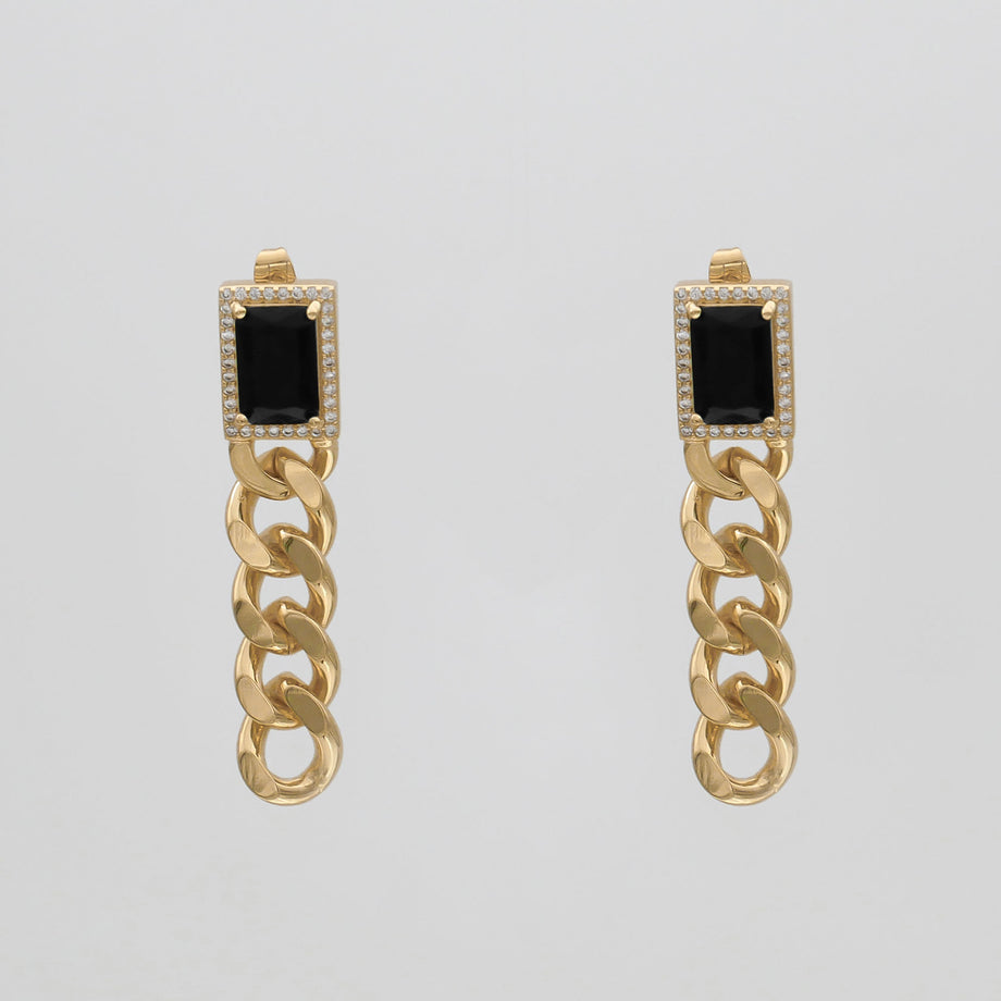 Gold chain earrings with black stone accents.