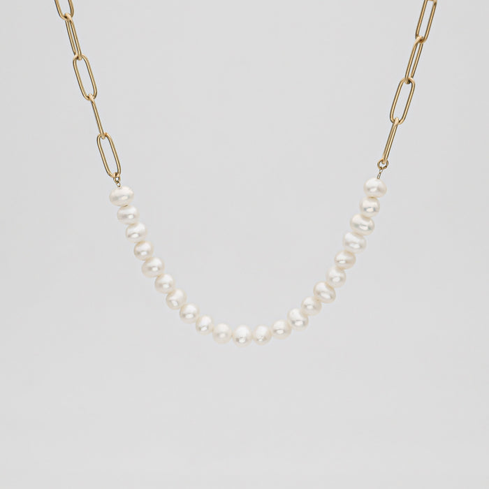 Gold chain necklace with white pearls.