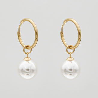 Thin Gold Hoop Phoebe Earrings with White Pearl drop Charms 