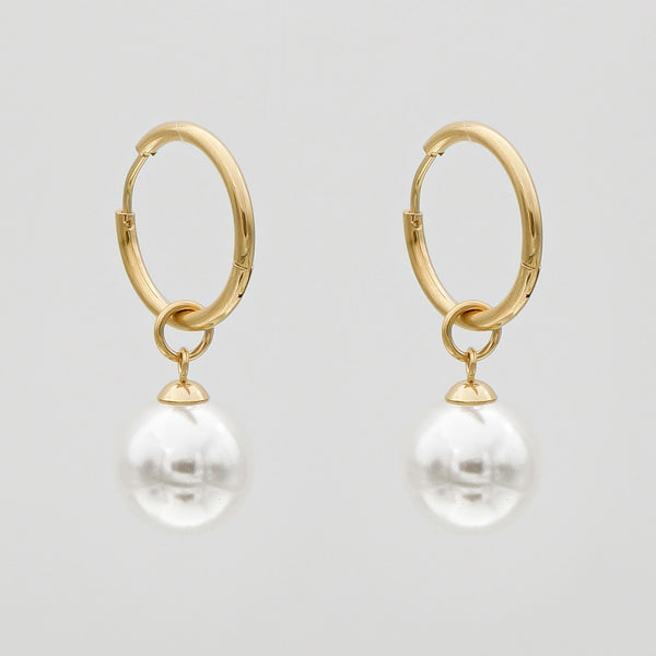 Thin Gold Hoop Phoebe Earrings with White Pearl drop Charms 