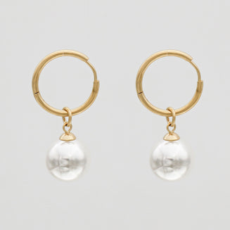 Thin Gold Hoop Phoebe Earrings with White Pearl drop Charms 