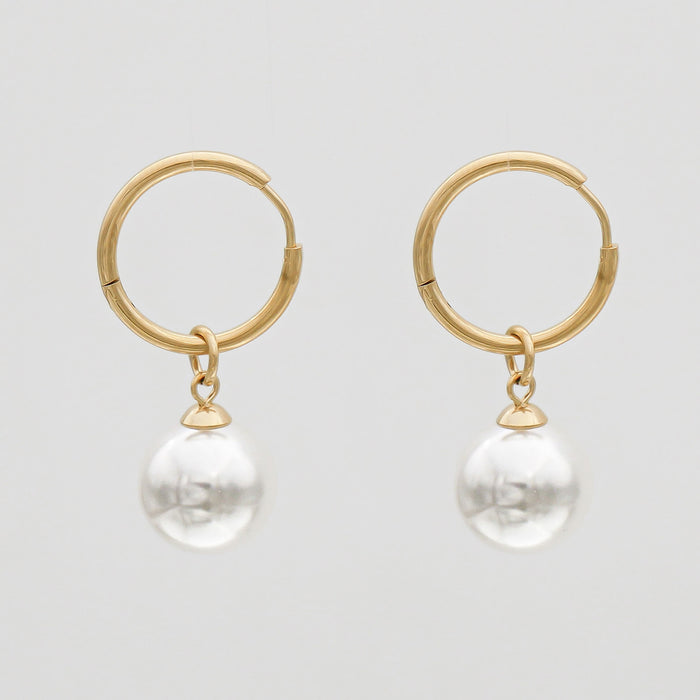 Thin Gold Hoop Phoebe Earrings with White Pearl drop Charms 