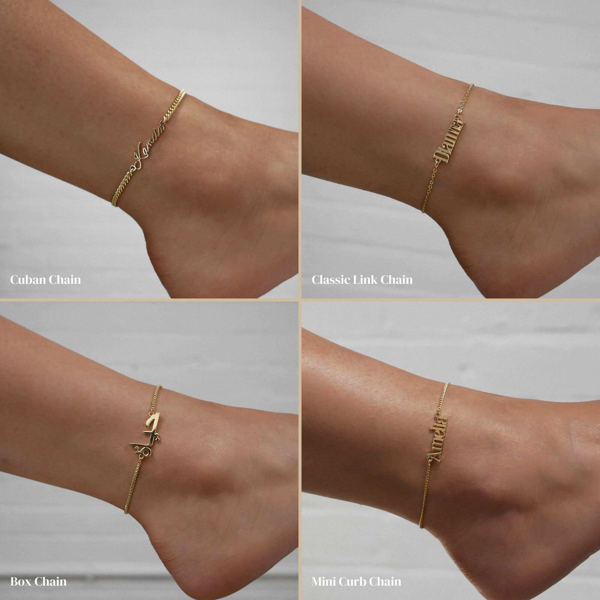 Four photos of gold name anklet with different style chains