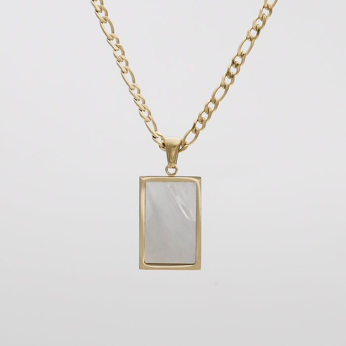 Gold chain necklace with rectangular pendant.