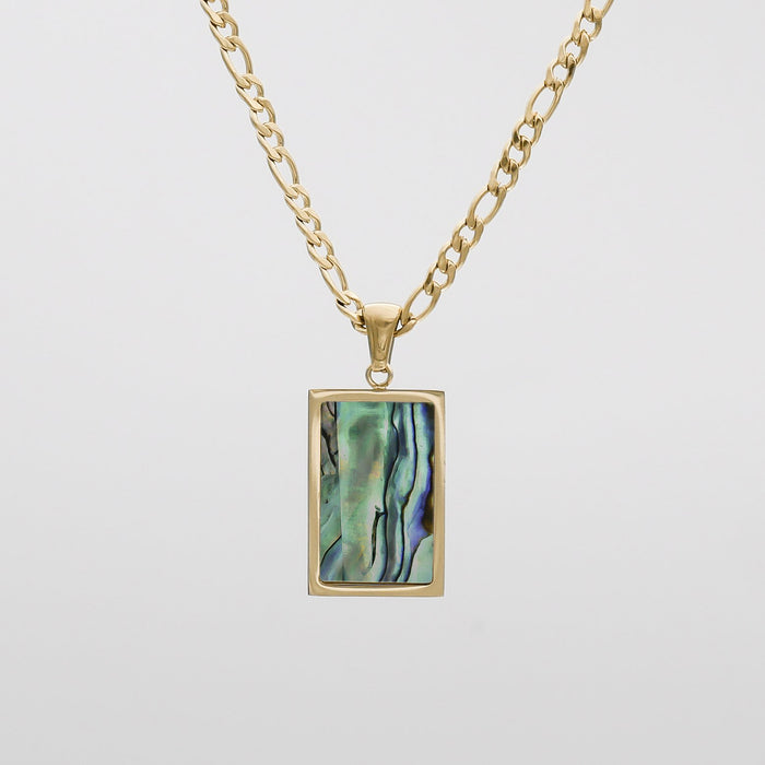 Gold chain with rectangular pendant.