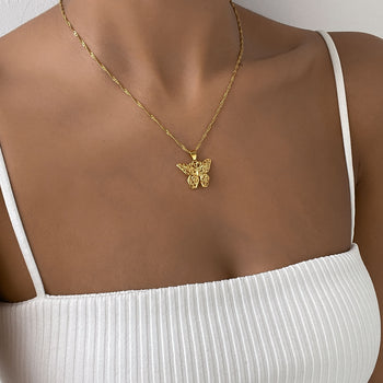 Model wearing Gold Necklace with Butterfly pendant | PRYA