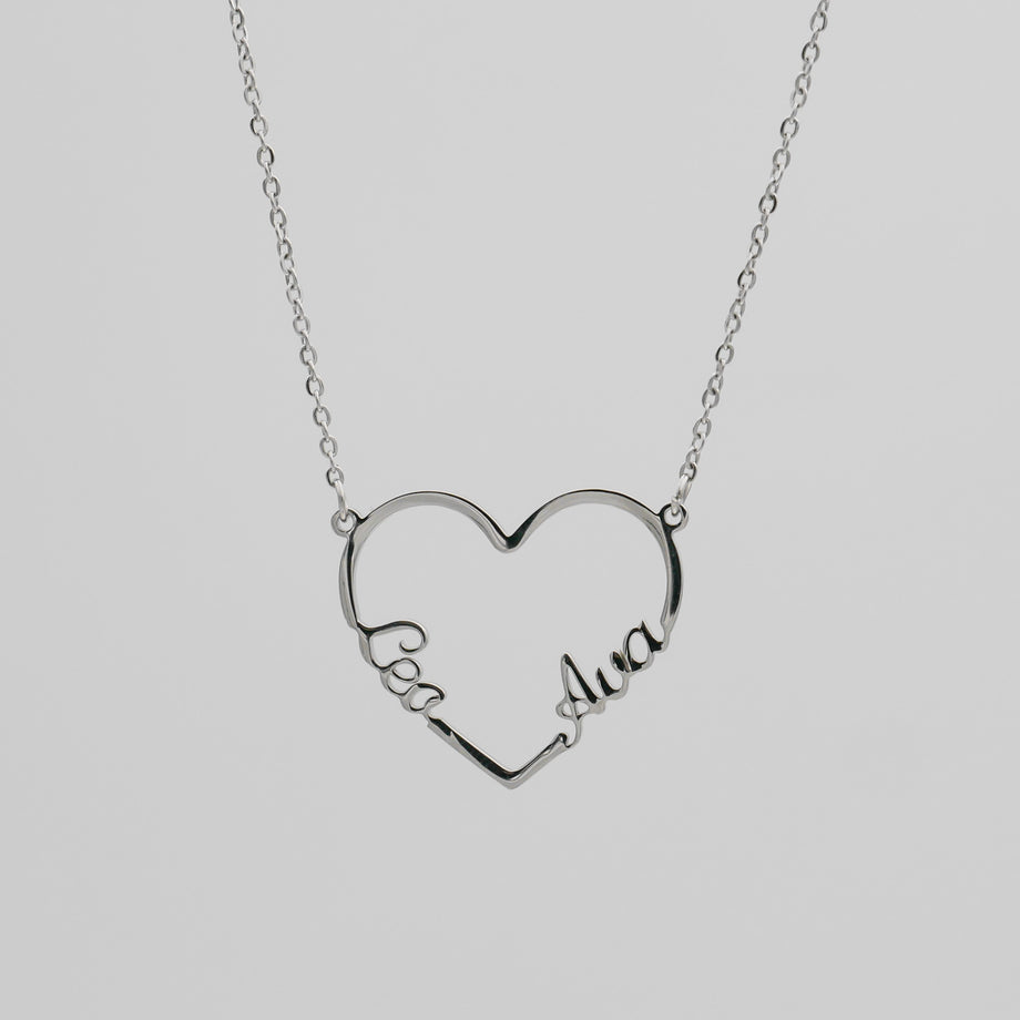 Heart Double Name Necklace, Silver (Plated) / 40cm | PRYA