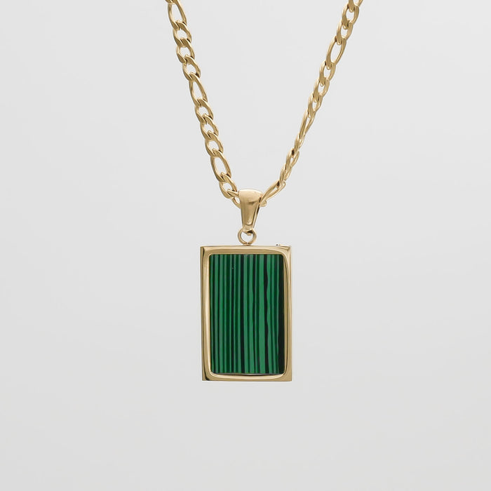 Gold chain with green rectangular pendant.