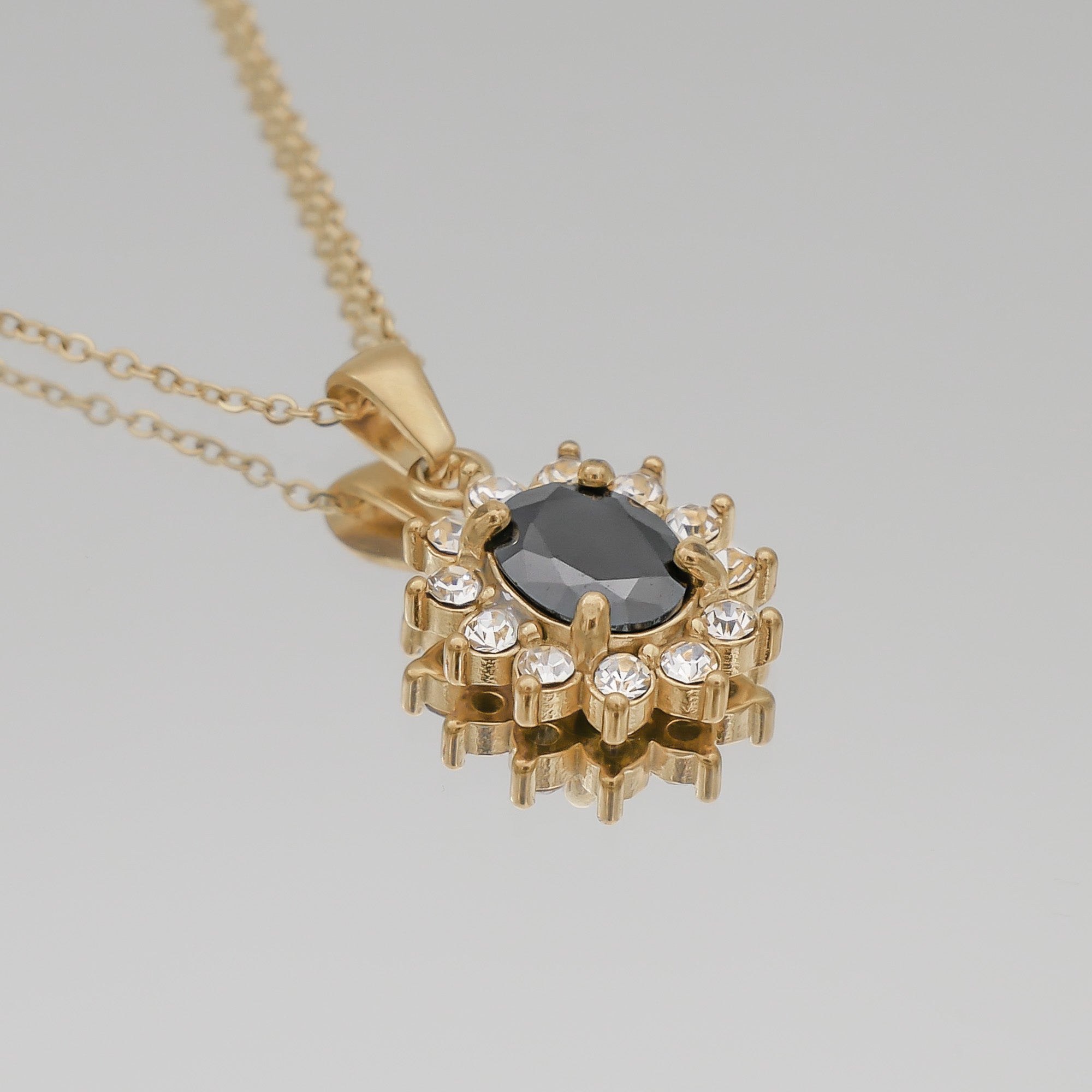 Gold Phoebe Onyx Gemstone Pendant Necklace with encrusted cubic Zirconia stones by PRYA