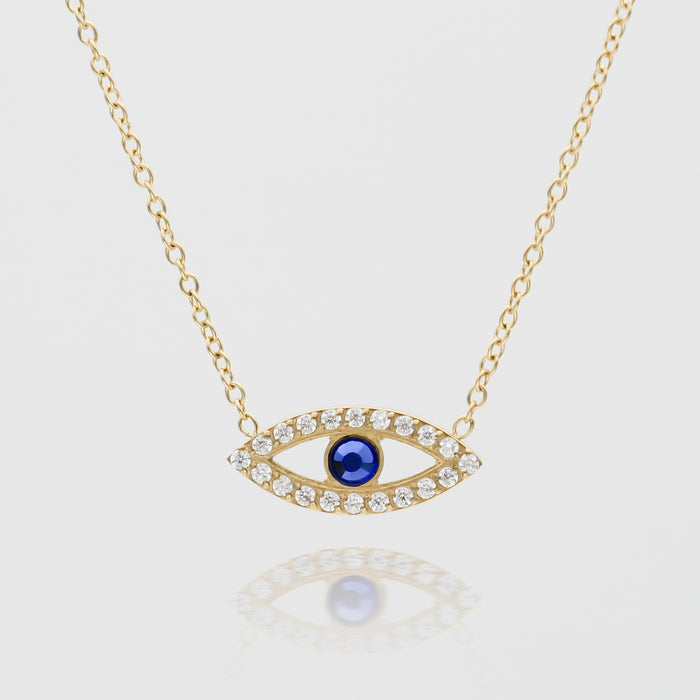 gold evil eye necklace with  paved cz stones and blue stone centre