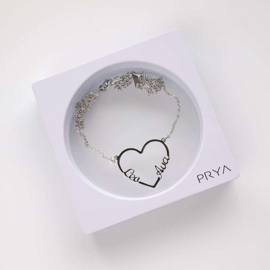 Heart Double Name Necklace, Silver (Plated) / 40cm | PRYA