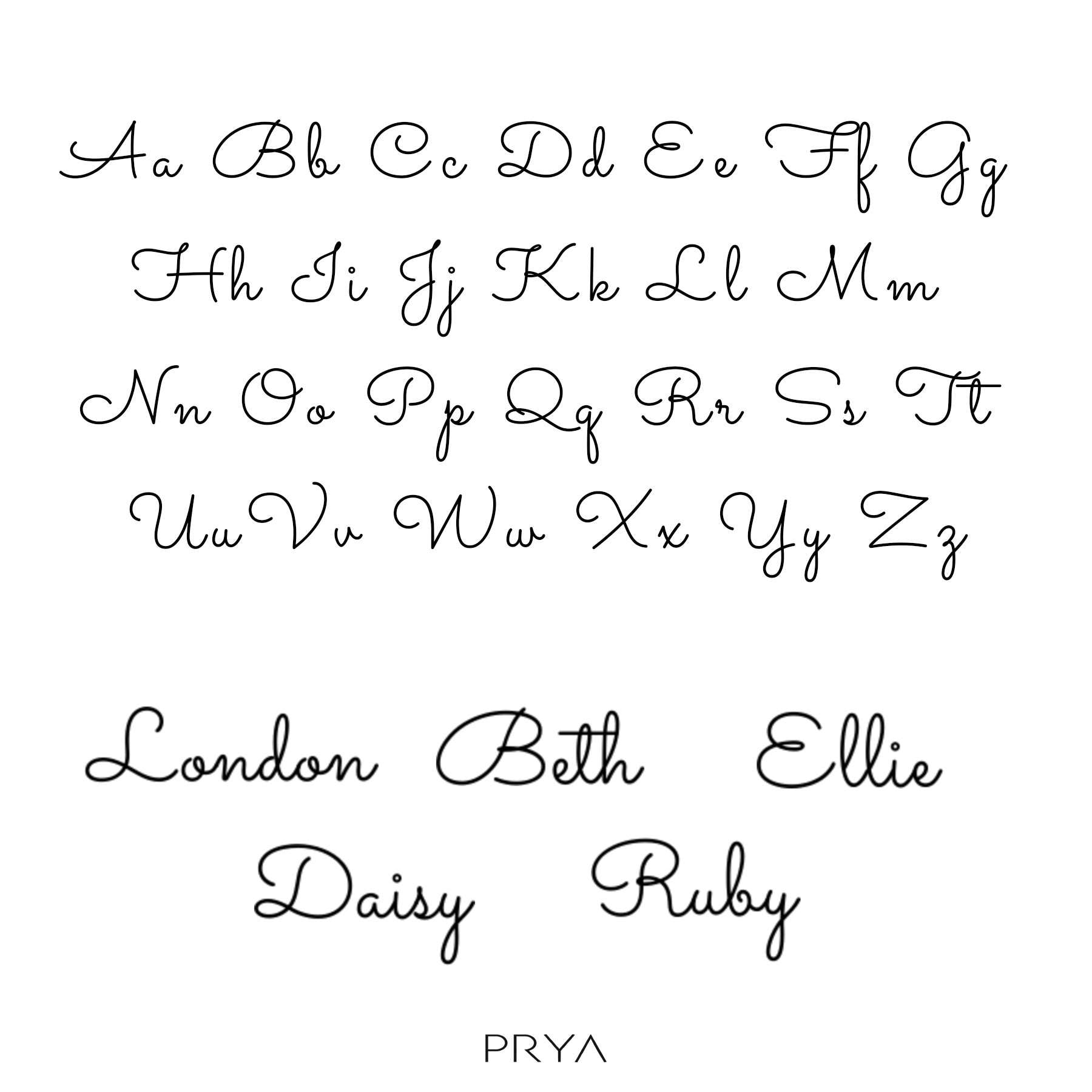 Graphic displaying lettering styles for London name necklace
