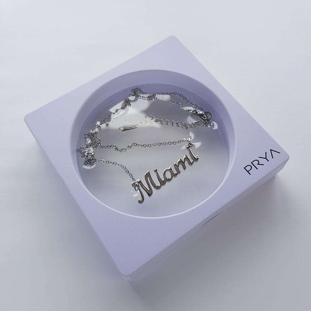 Silver Miami custom name necklace in display box