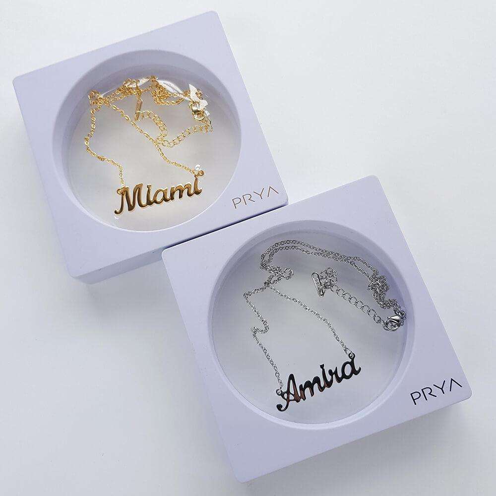 Personalised silver and gold Miami custom name necklace in display box
