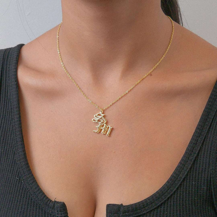 Women's 18K Gold Plated Initial Necklace - Old English Letter Pendant Stainless Steel